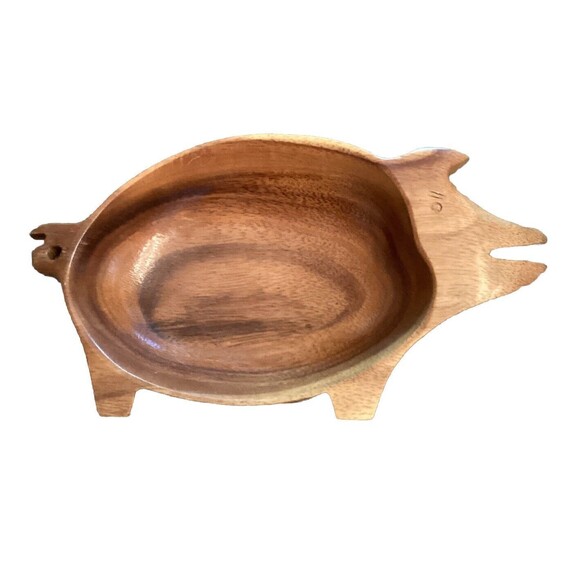 VINTAGE MONKEY POD WOOD PIG SHAPED BOWL  7” X 12” HAWAII FARMHOUSE RUSTIC - Picture 1 of 5